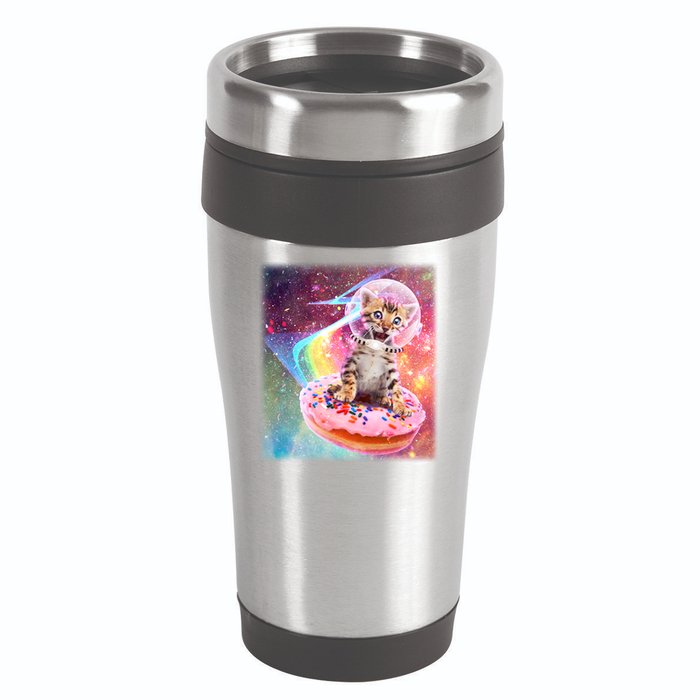 Funny Cute Astronaut Kitty On Rainbow Sprinkle Donut With Galaxy Background 16oz Travel Tumbler