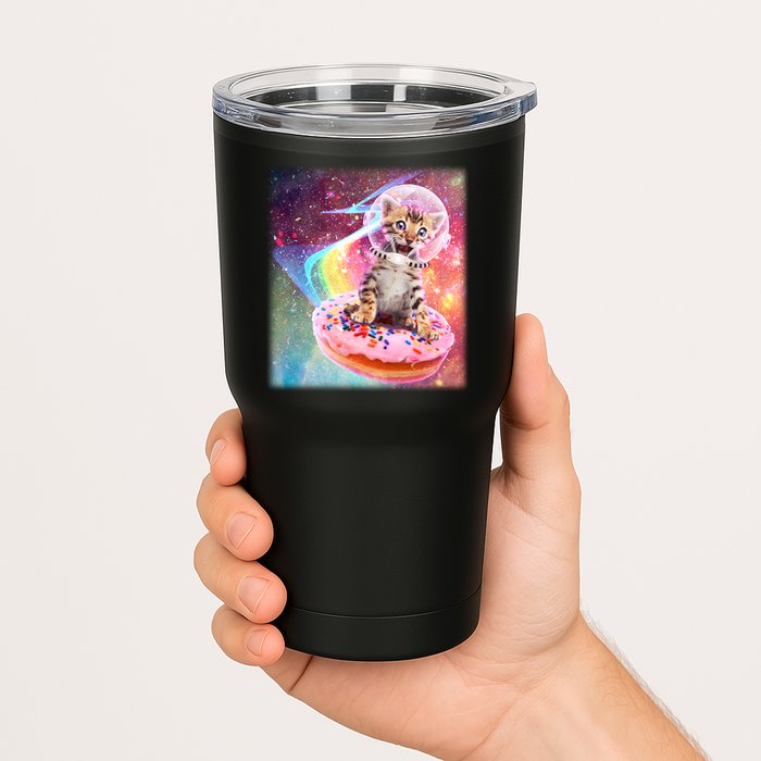 Funny Cute Astronaut Kitty On Rainbow Sprinkle Donut With Galaxy Background Tumbler
