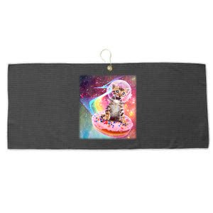 Funny Cute Astronaut Kitty On Rainbow Sprinkle Donut With Galaxy Background Large Microfiber Waffle Golf Towel