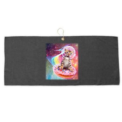Funny Cute Astronaut Kitty On Rainbow Sprinkle Donut With Galaxy Background Large Microfiber Waffle Golf Towel