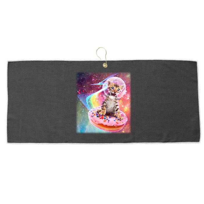 Funny Cute Astronaut Kitty On Rainbow Sprinkle Donut With Galaxy Background Large Microfiber Waffle Golf Towel