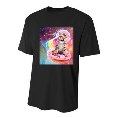 Funny Cute Astronaut Kitty On Rainbow Sprinkle Donut With Galaxy Background Youth Performance Sprint T-Shirt