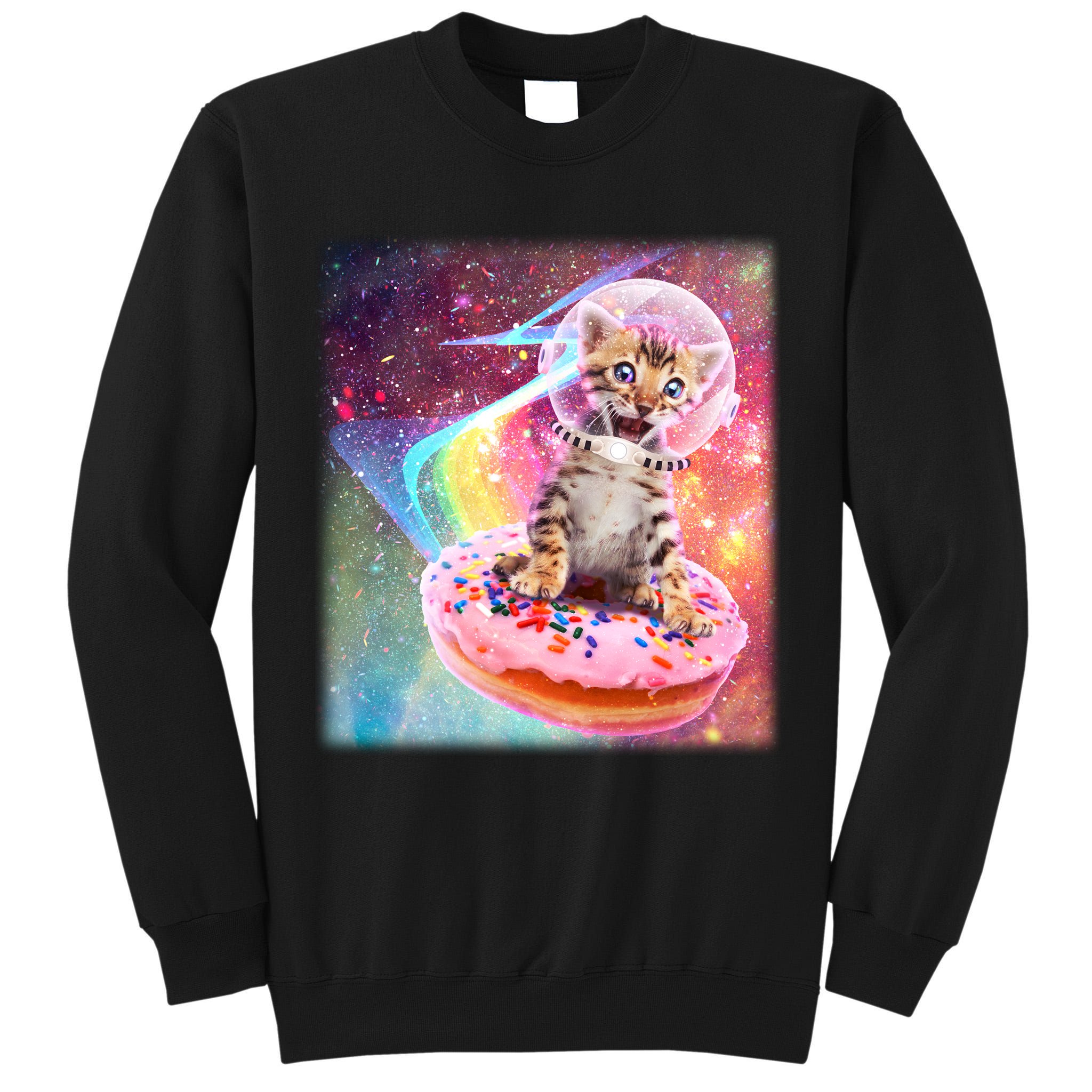 Funny Cute Astronaut Kitty On Rainbow Sprinkle Donut With Galaxy Background Tall Sweatshirt
