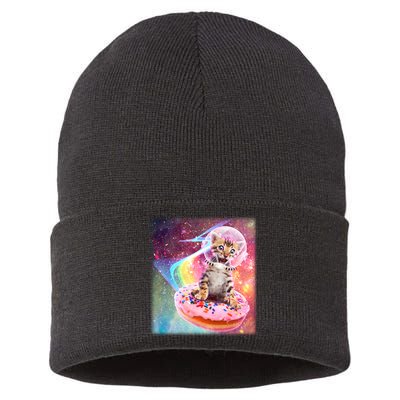 Funny Cute Astronaut Kitty On Rainbow Sprinkle Donut With Galaxy Background Sustainable Knit Beanie