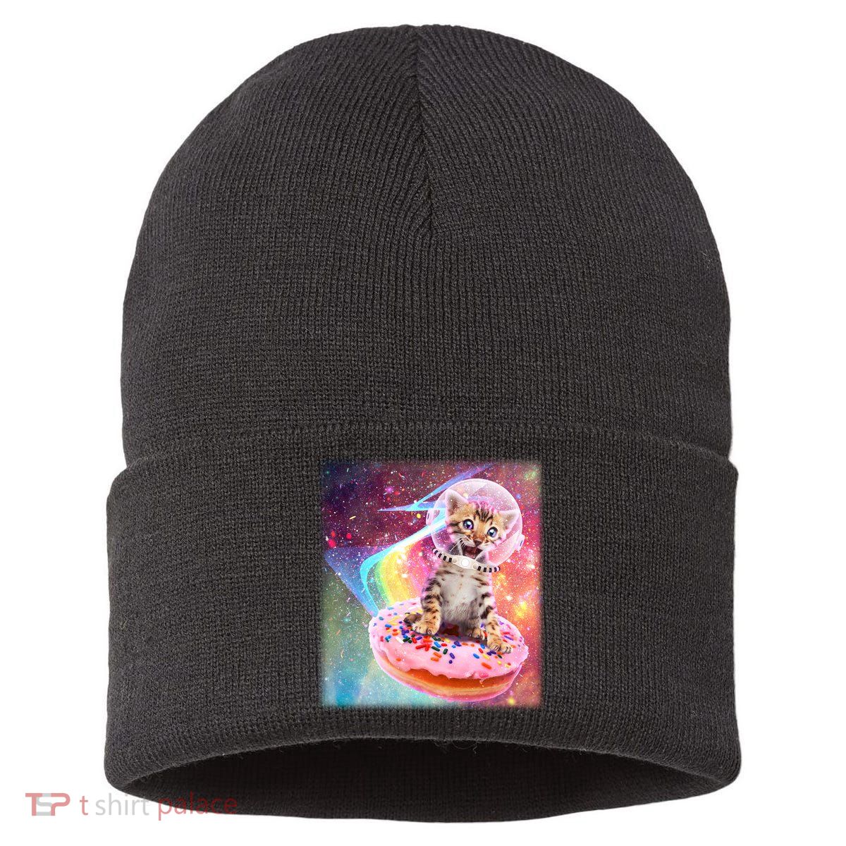 Funny Cute Astronaut Kitty On Rainbow Sprinkle Donut With Galaxy Background Sustainable Knit Beanie