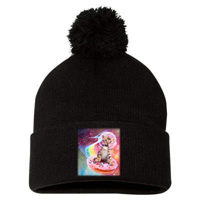 Funny Cute Astronaut Kitty On Rainbow Sprinkle Donut With Galaxy Background Pom Pom 12in Knit Beanie