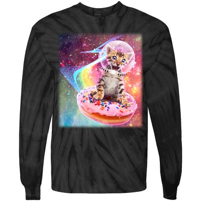 Funny Cute Astronaut Kitty On Rainbow Sprinkle Donut With Galaxy Background Tie-Dye Long Sleeve Shirt