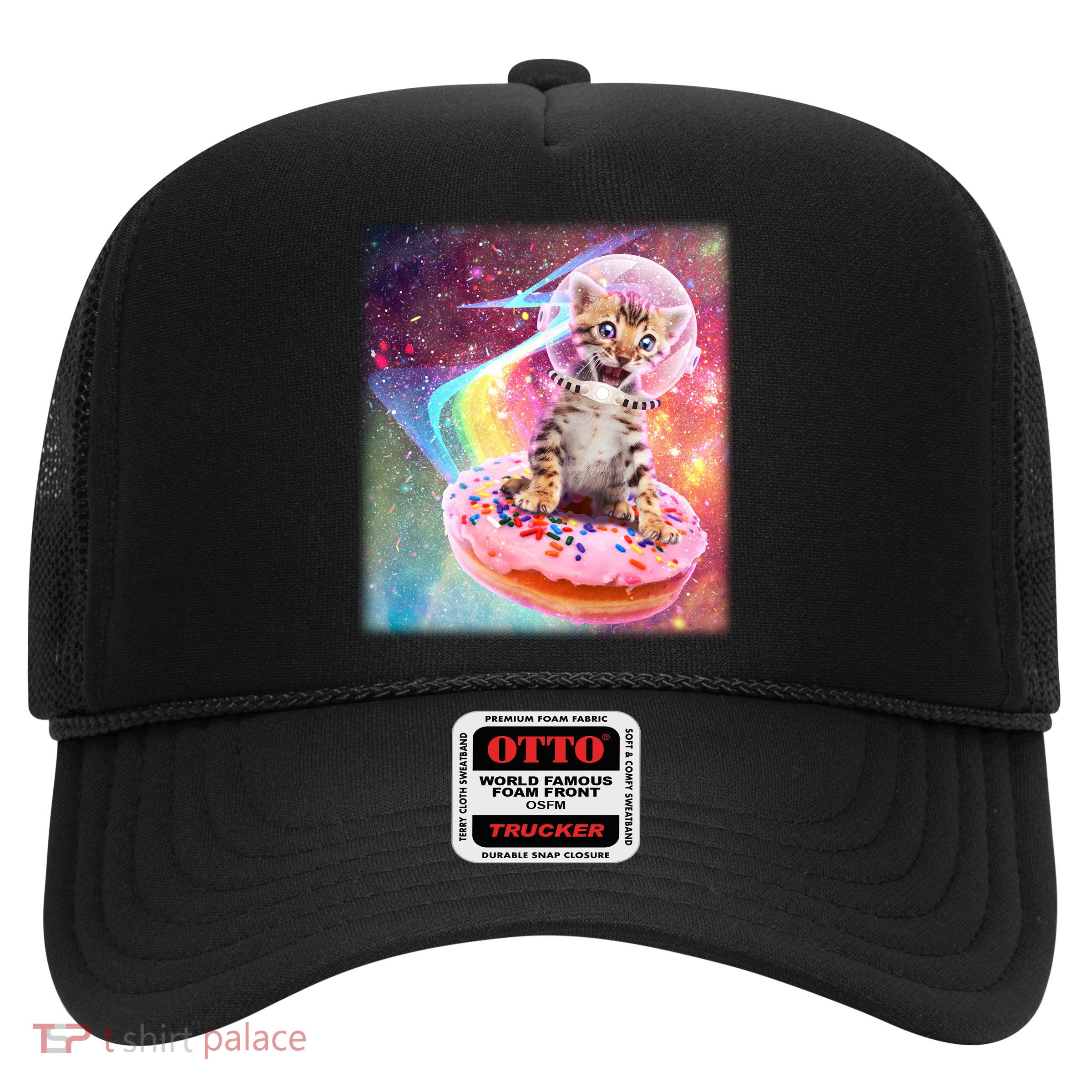 Funny Cute Astronaut Kitty On Rainbow Sprinkle Donut With Galaxy Background Trucker Hat