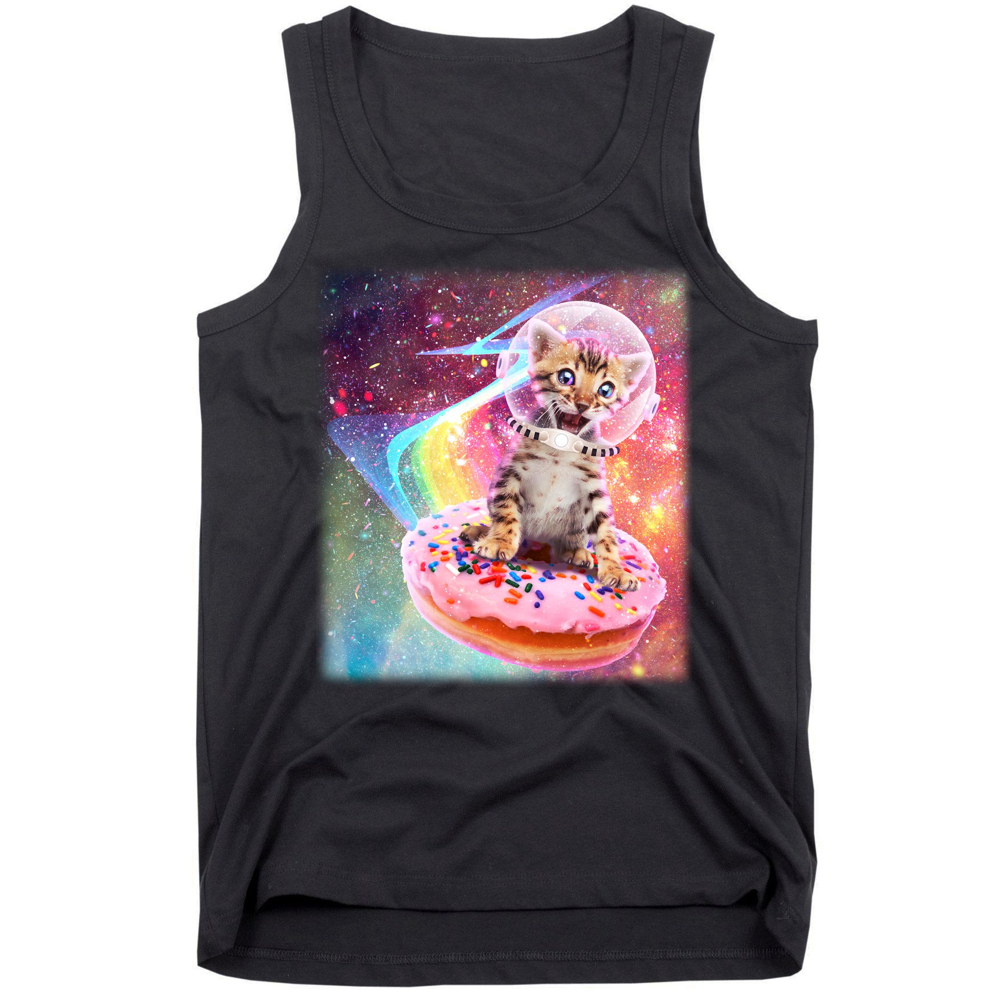 Funny Cute Astronaut Kitty On Rainbow Sprinkle Donut With Galaxy Background Tank Top