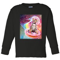 Funny Cute Astronaut Kitty On Rainbow Sprinkle Donut With Galaxy Background Toddler Long Sleeve Shirt