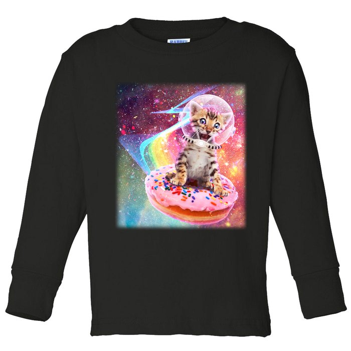 Funny Cute Astronaut Kitty On Rainbow Sprinkle Donut With Galaxy Background Toddler Long Sleeve Shirt