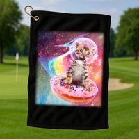 Funny Cute Astronaut Kitty On Rainbow Sprinkle Donut With Galaxy Background Golf Towel