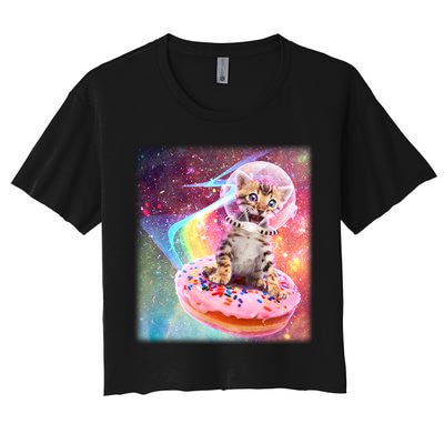 Funny Cute Astronaut Kitty On Rainbow Sprinkle Donut With Galaxy Background Crop Top