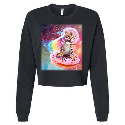 Funny Cute Astronaut Kitty On Rainbow Sprinkle Donut With Galaxy Background Cropped Pullover Crew