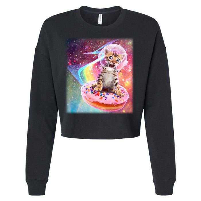 Funny Cute Astronaut Kitty On Rainbow Sprinkle Donut With Galaxy Background Cropped Pullover Crew