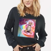 Funny Cute Astronaut Kitty On Rainbow Sprinkle Donut With Galaxy Background Cropped Pullover Crew