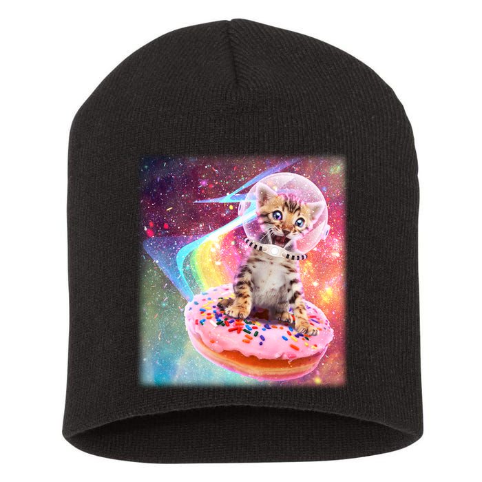 Funny Cute Astronaut Kitty On Rainbow Sprinkle Donut With Galaxy Background Short Acrylic Beanie