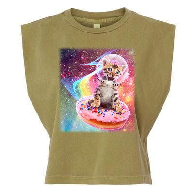 Funny Cute Astronaut Kitty On Rainbow Sprinkle Donut With Galaxy Background Garment-Dyed Women's Muscle Tee