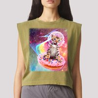 Funny Cute Astronaut Kitty On Rainbow Sprinkle Donut With Galaxy Background Garment-Dyed Women's Muscle Tee