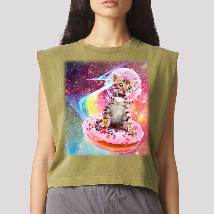 Funny Cute Astronaut Kitty On Rainbow Sprinkle Donut With Galaxy Background Garment-Dyed Women's Muscle Tee