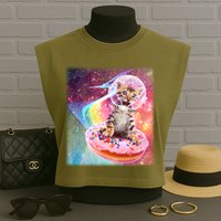 Funny Cute Astronaut Kitty On Rainbow Sprinkle Donut With Galaxy Background Garment-Dyed Women's Muscle Tee