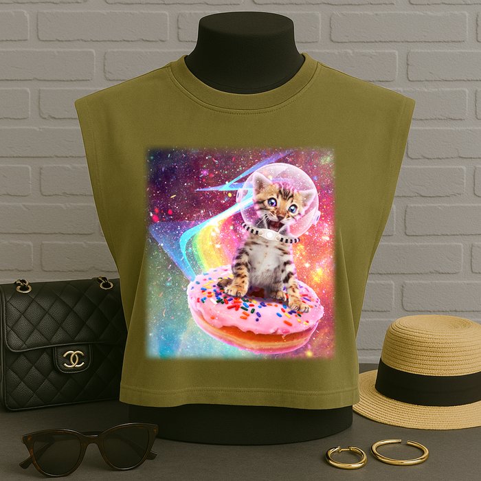 Funny Cute Astronaut Kitty On Rainbow Sprinkle Donut With Galaxy Background Garment-Dyed Women's Muscle Tee
