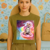 Funny Cute Astronaut Kitty On Rainbow Sprinkle Donut With Galaxy Background Garment-Dyed Women's Muscle Tee