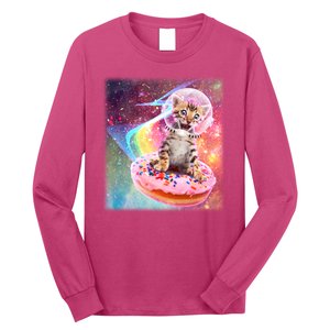 Funny Cute Astronaut Kitty On Rainbow Sprinkle Donut With Galaxy Background Long Sleeve Shirt