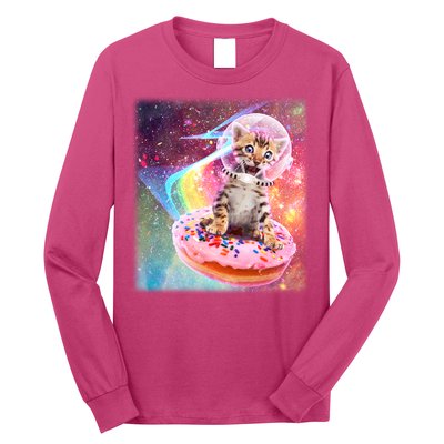 Funny Cute Astronaut Kitty On Rainbow Sprinkle Donut With Galaxy Background Long Sleeve Shirt