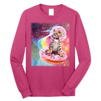 Funny Cute Astronaut Kitty On Rainbow Sprinkle Donut With Galaxy Background Long Sleeve Shirt
