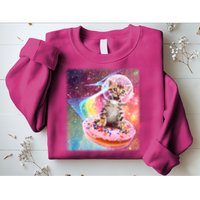 Funny Cute Astronaut Kitty On Rainbow Sprinkle Donut With Galaxy Background Sweatshirt
