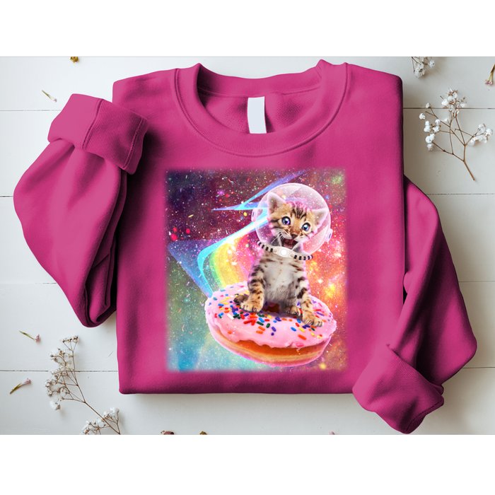 Funny Cute Astronaut Kitty On Rainbow Sprinkle Donut With Galaxy Background Sweatshirt