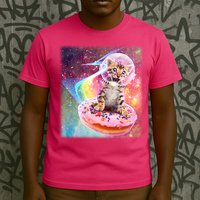 Funny Cute Astronaut Kitty On Rainbow Sprinkle Donut With Galaxy Background T-Shirt