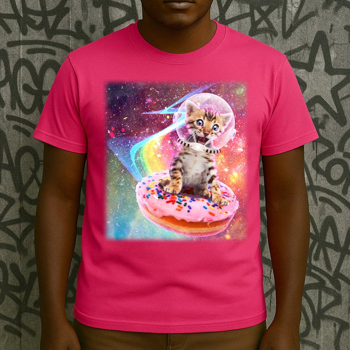 Funny Cute Astronaut Kitty On Rainbow Sprinkle Donut With Galaxy Background T-Shirt