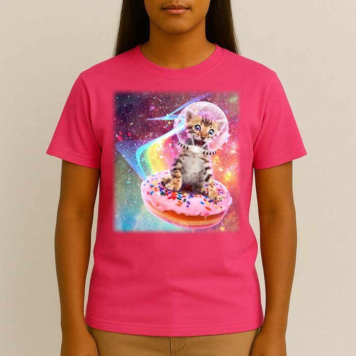 Funny Cute Astronaut Kitty On Rainbow Sprinkle Donut With Galaxy Background T-Shirt