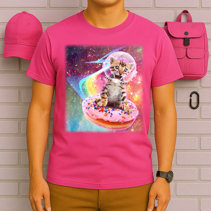 Funny Cute Astronaut Kitty On Rainbow Sprinkle Donut With Galaxy Background T-Shirt