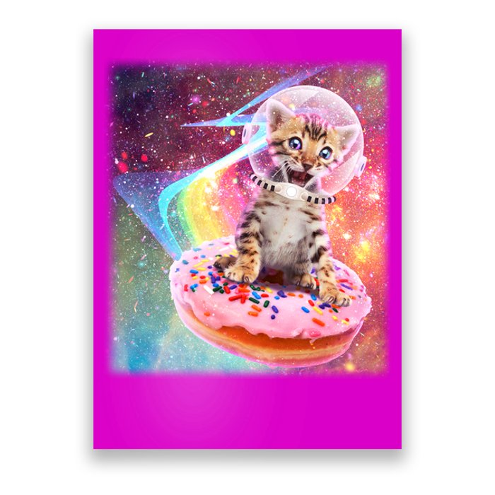 Funny Cute Astronaut Kitty On Rainbow Sprinkle Donut With Galaxy Background Poster