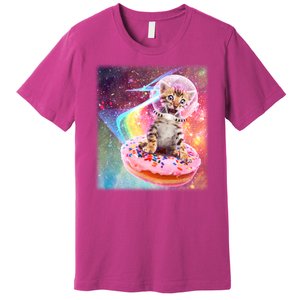 Funny Cute Astronaut Kitty On Rainbow Sprinkle Donut With Galaxy Background Premium T-Shirt