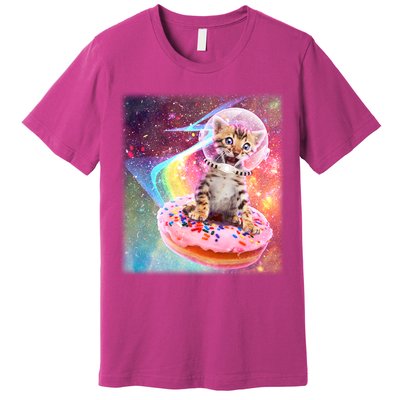 Funny Cute Astronaut Kitty On Rainbow Sprinkle Donut With Galaxy Background Premium T-Shirt