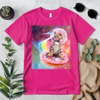 Funny Cute Astronaut Kitty On Rainbow Sprinkle Donut With Galaxy Background Premium T-Shirt