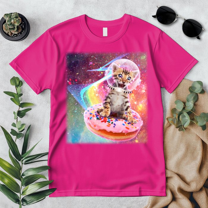 Funny Cute Astronaut Kitty On Rainbow Sprinkle Donut With Galaxy Background Premium T-Shirt