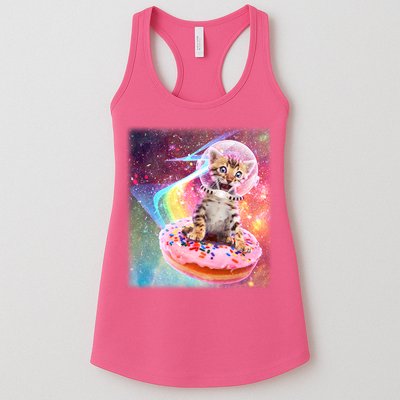 Funny Cute Astronaut Kitty On Rainbow Sprinkle Donut With Galaxy Background Womens Tank Top