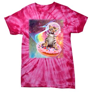 Funny Cute Astronaut Kitty On Rainbow Sprinkle Donut With Galaxy Background Tie-Dye T-Shirt