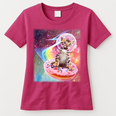 Funny Cute Astronaut Kitty On Rainbow Sprinkle Donut With Galaxy Background Womens T-Shirt