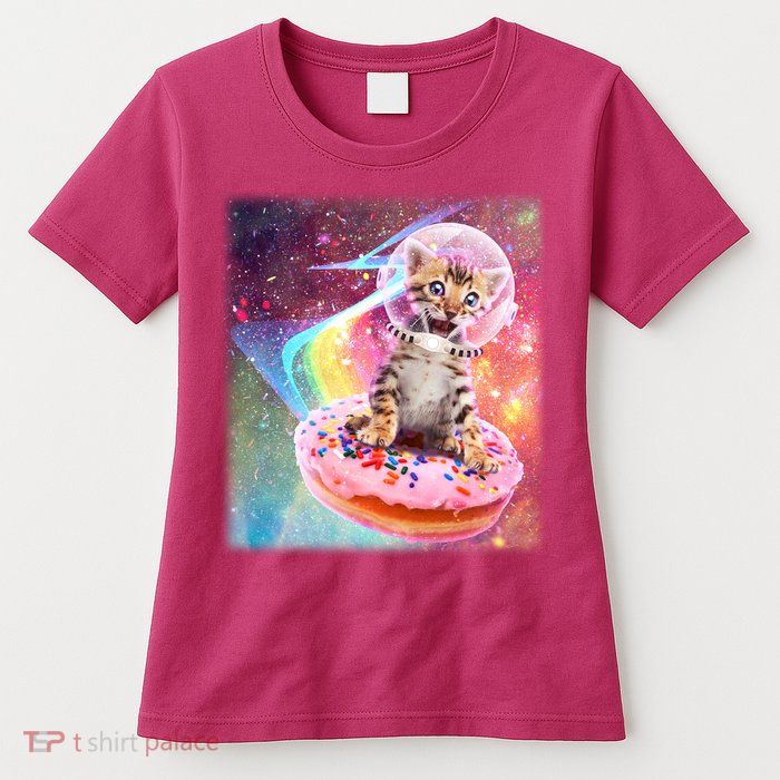 Funny Cute Astronaut Kitty On Rainbow Sprinkle Donut With Galaxy Background Womens T-Shirt