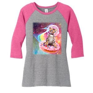 Funny Cute Astronaut Kitty On Rainbow Sprinkle Donut With Galaxy Background Women's Tri-Blend 3/4-Sleeve Raglan Shirt