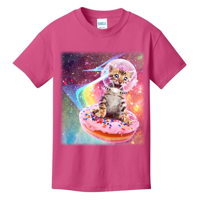 Funny Cute Astronaut Kitty On Rainbow Sprinkle Donut With Galaxy Background Kids T-Shirt