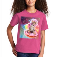 Funny Cute Astronaut Kitty On Rainbow Sprinkle Donut With Galaxy Background Kids T-Shirt