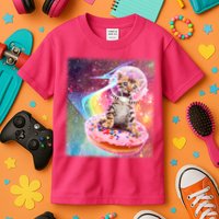 Funny Cute Astronaut Kitty On Rainbow Sprinkle Donut With Galaxy Background Kids T-Shirt