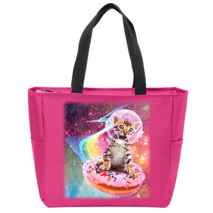 Funny Cute Astronaut Kitty On Rainbow Sprinkle Donut With Galaxy Background Zip Tote Bag